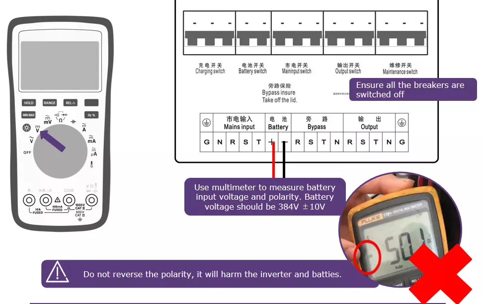 Check battery connection is correct or not with a multimeter