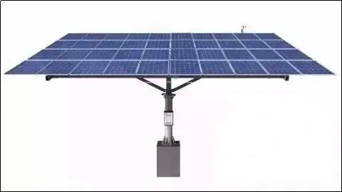 The photovoltaic bracket rotates around a two-dimensional axis (vertical axis, horizontal axis) to achieve two degrees of rotational freedom.