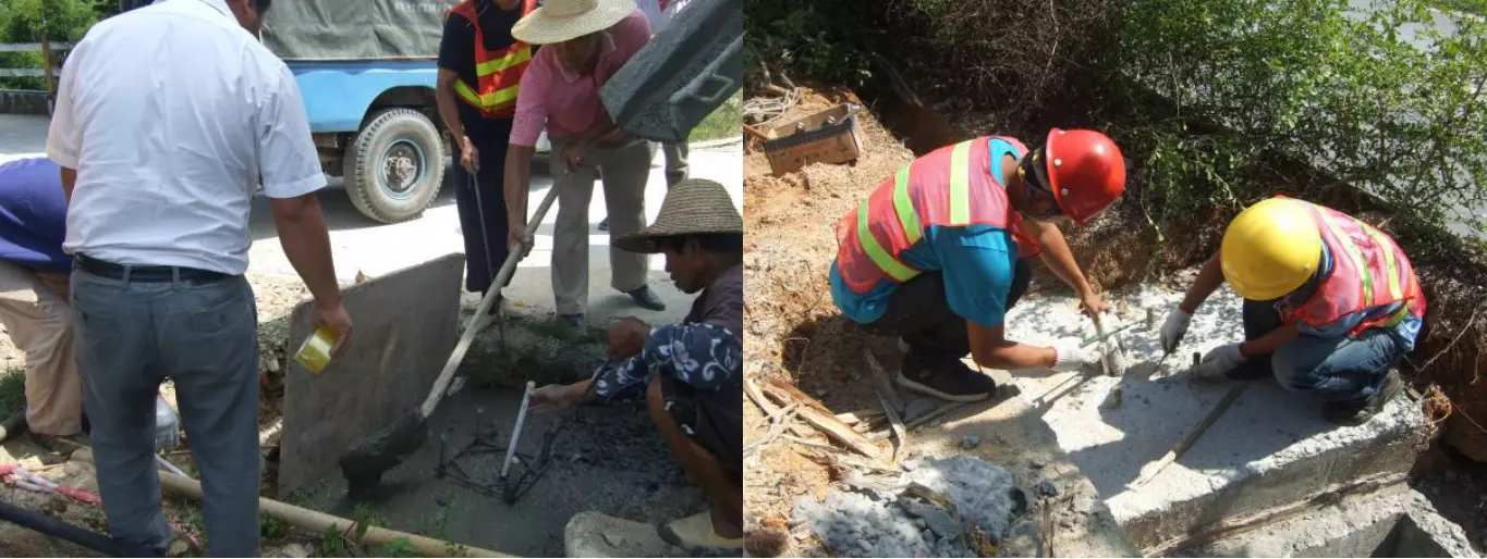 Pour the concrete and tamp it with a vibrator while straightening the foot cage.
