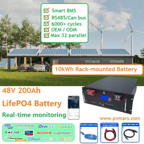 10kWh Rack Mounted LiFePO4 48V 200Ah Lithium Battery